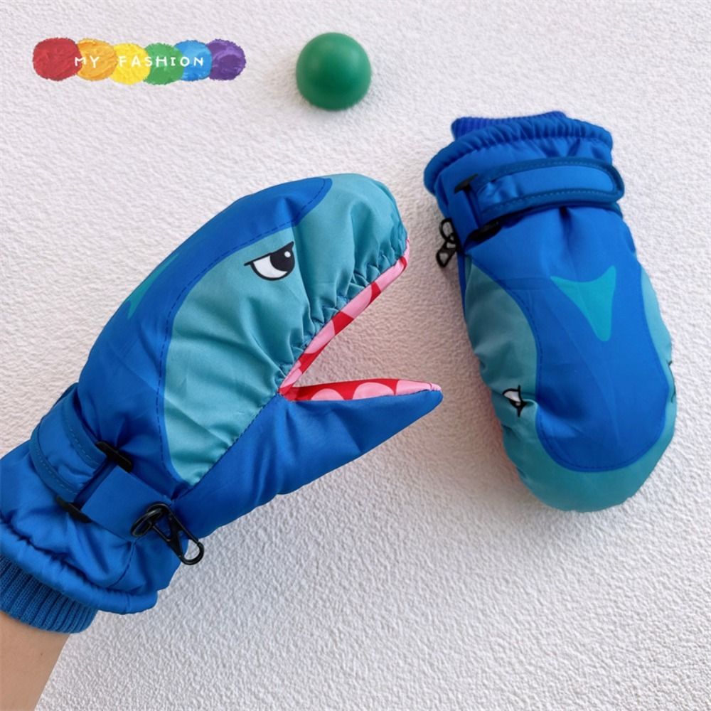 Outdoor Sport For Kids - Cartoon-Kinder-Skihandschuhe mit Hai-Muster und Knöchelschutz, Kinder-Snowboard-Fäustlinge,